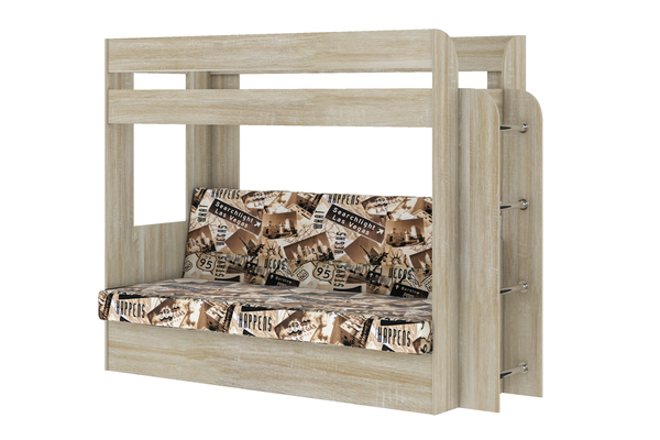 Кровать детская двухъярусная Карамель 75 Дуб Сонома, диван - велюр Лас Вегас (сборка на любую сторону) спальное место верх 80х190, низ 120х185