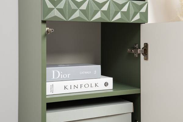 Гостиная Марион композиция 1 дымчатый зеленый K521, олива шагрень AG 1050 ПВХ, белый PE шагрень (собирается на любую сторону)