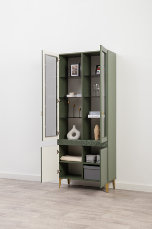 Гостиная Марион композиция 2 дымчатый зеленый K521, олива шагрень AG 1050 ПВХ, белый PE шагрень (собирается на любую сторону)