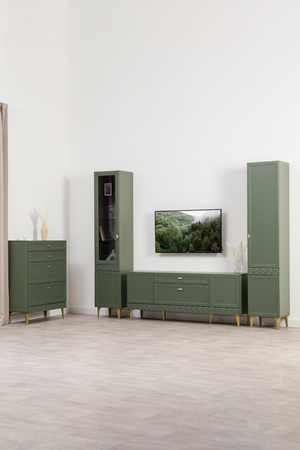 Гостиная Марион композиция 1 дымчатый зеленый K521, олива шагрень AG 1050 ПВХ, белый PE шагрень (собирается на любую сторону)