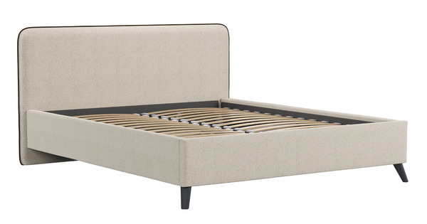 Кровать Миа 160 рогожка светло-бежевый, кант желтовато-коричневый с ортопедическим основанием и подъемным механизмом