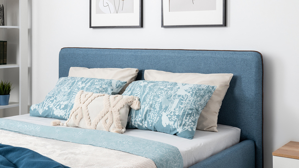 Кровать Миа 160 рогожка светло-синий, кант желтовато-коричневый с ортопедическим основанием и подъемным механизмом