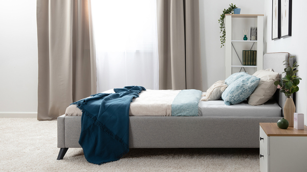 Кровать Миа 160 рогожка серый, кант желтовато-коричневый с ортопедическим основанием и подъемным механизмом