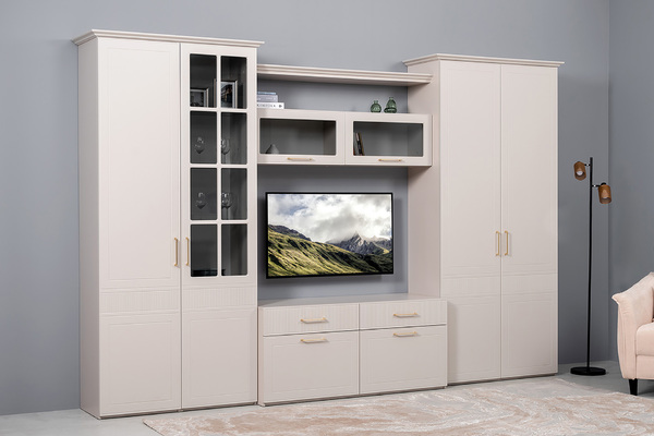 Гостиная Ричфорд композиция 1 с карнизами, кашемир 5981 BS, моно керамика D166-2 ПВХ, белый PE шагрень (собирается на любую сторону)