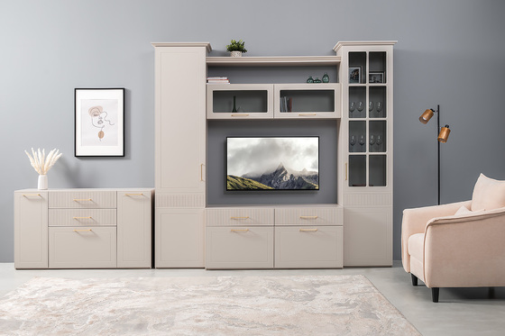 Гостиная Ричфорд композиция 2 с карнизами, кашемир 5981 BS, моно керамика D166-2 ПВХ, белый PE шагрень (собирается на любую сторону)